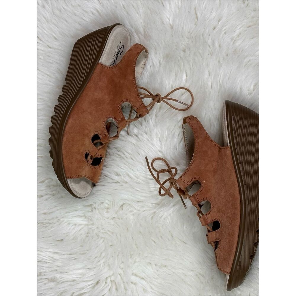 Skechers Brown Suede Lace-Up Platform Wedge Sandals